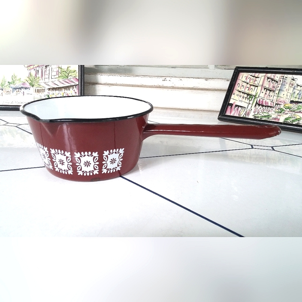 Vintage Enamelware Saucepan 14cm Maroon White Mid Century Kitchen